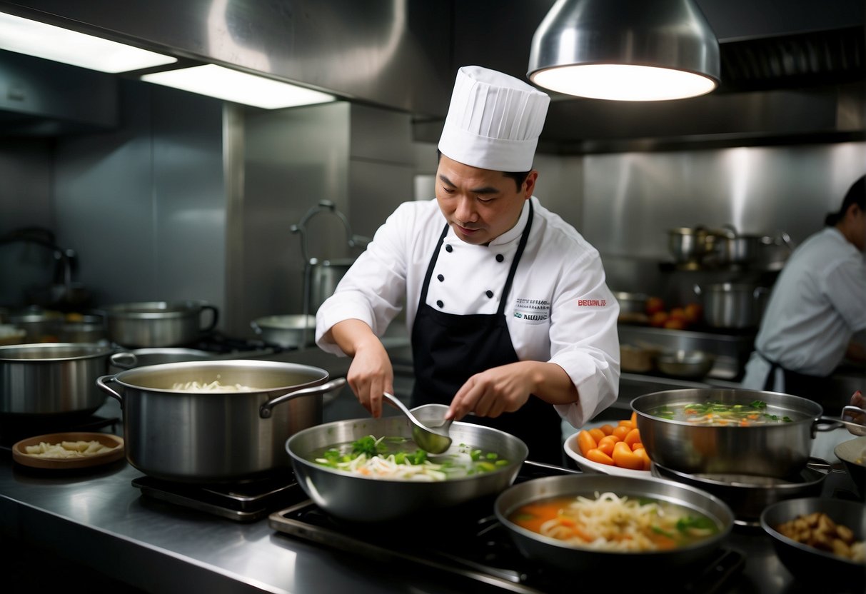 A chef modifies Chinese soup recipes for dietary needs in a bustling Singapore kitchen. Ingredients are carefully selected and prepared, as the chef expertly adjusts flavors and textures