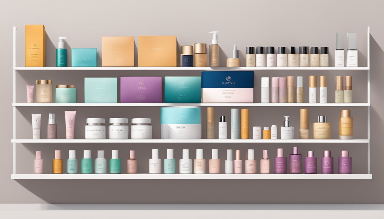 A display of Singapore cosmetic brands arranged on a sleek, modern shelf with minimalist branding and clean, elegant packaging