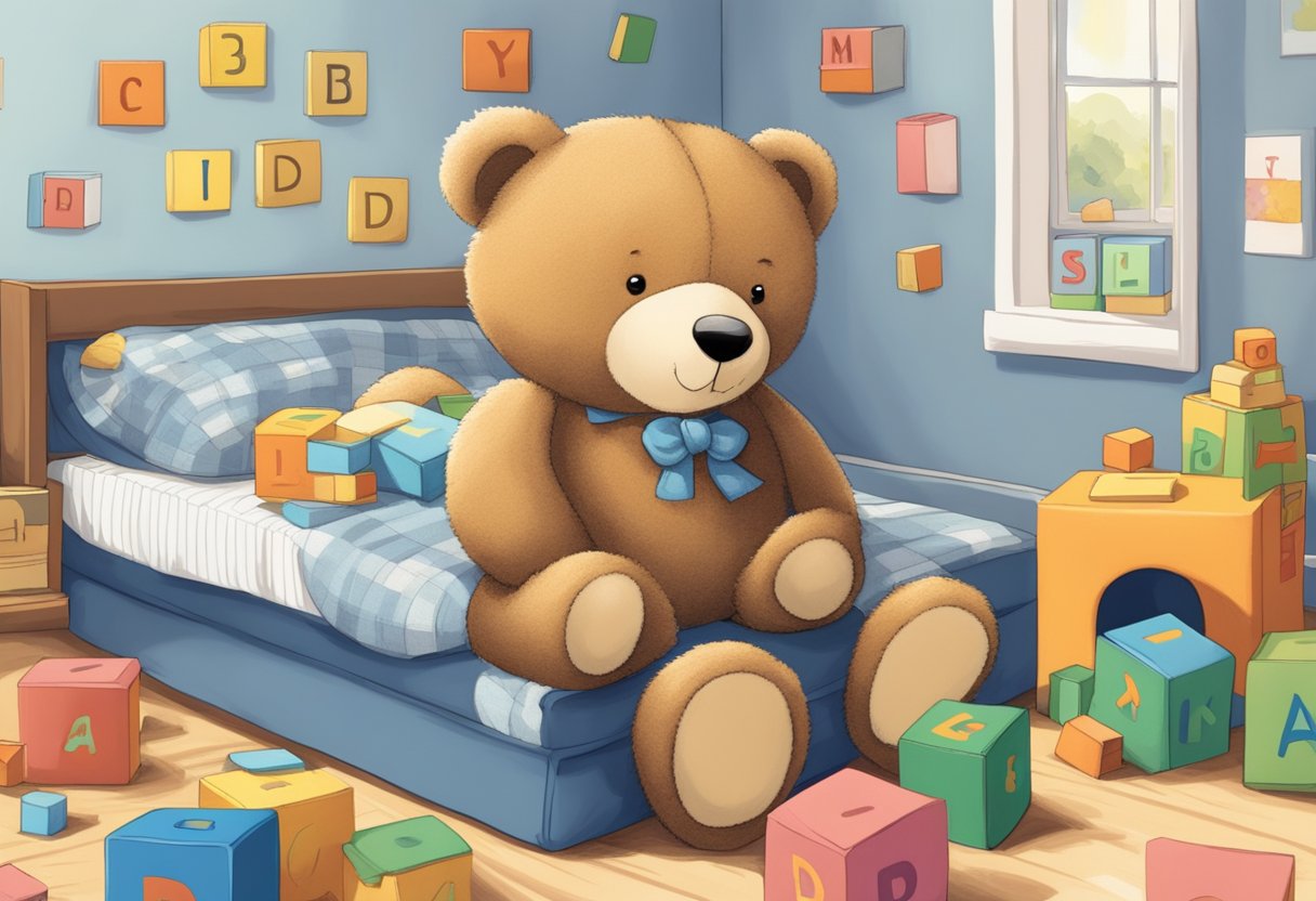 A teddy bear sits on a child's bed, surrounded by alphabet blocks spelling out "Teddy." A book titled "What Is Teddy Short For?" lies open nearby
