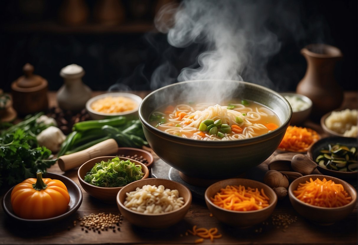 A steaming bowl of Chinese soup surrounded by various ingredients and spices, with a stack of recipe books in the background