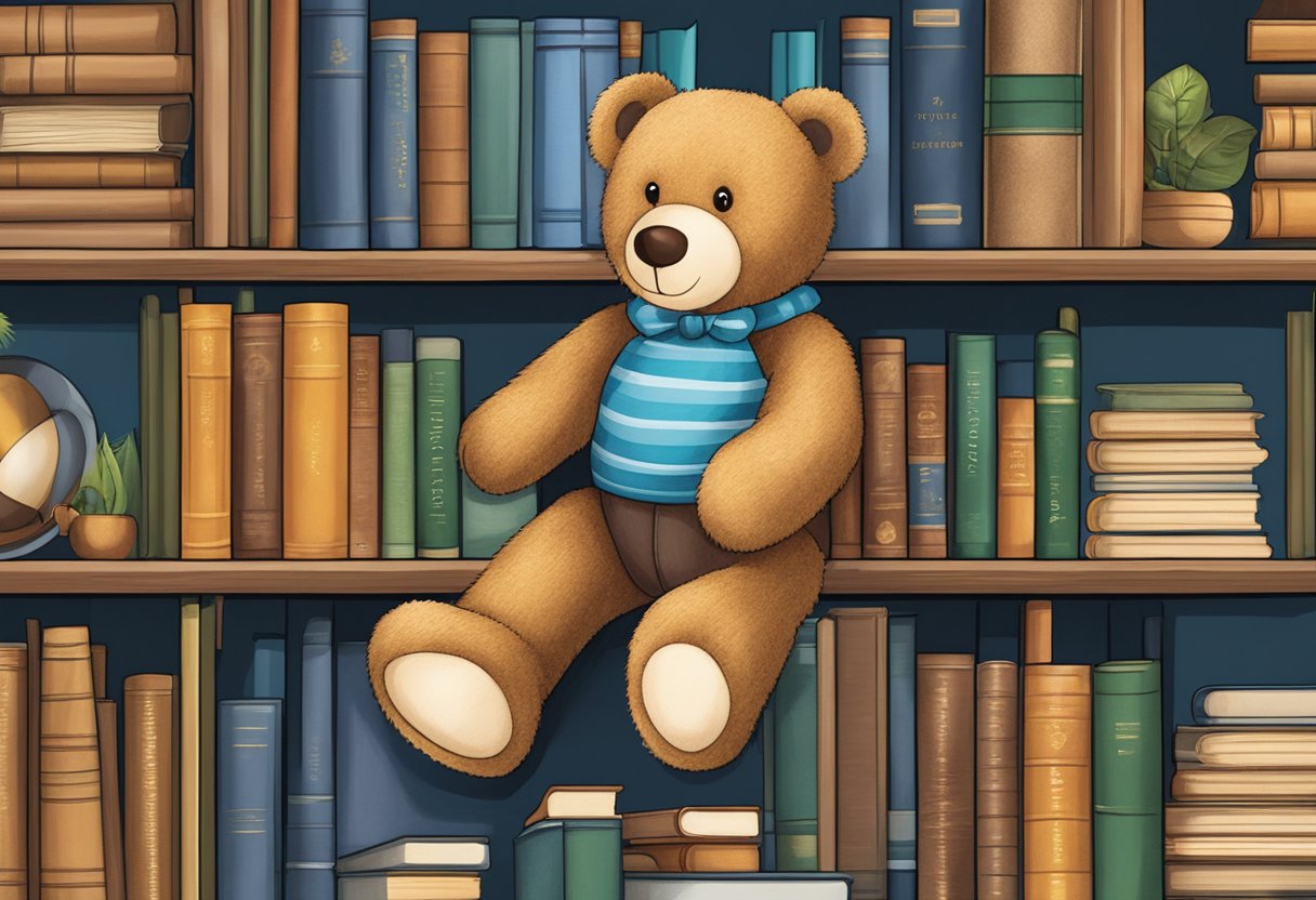 A teddy bear sits on a shelf, surrounded by books on the history of the name "Teddy." A dictionary lies open, revealing the definition of the word