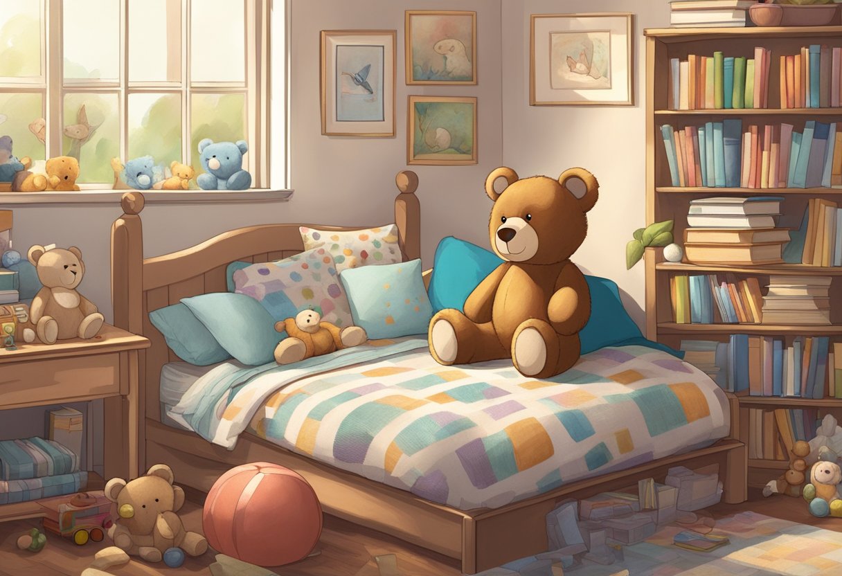 A teddy bear sits on a child's bed, surrounded by books and toys