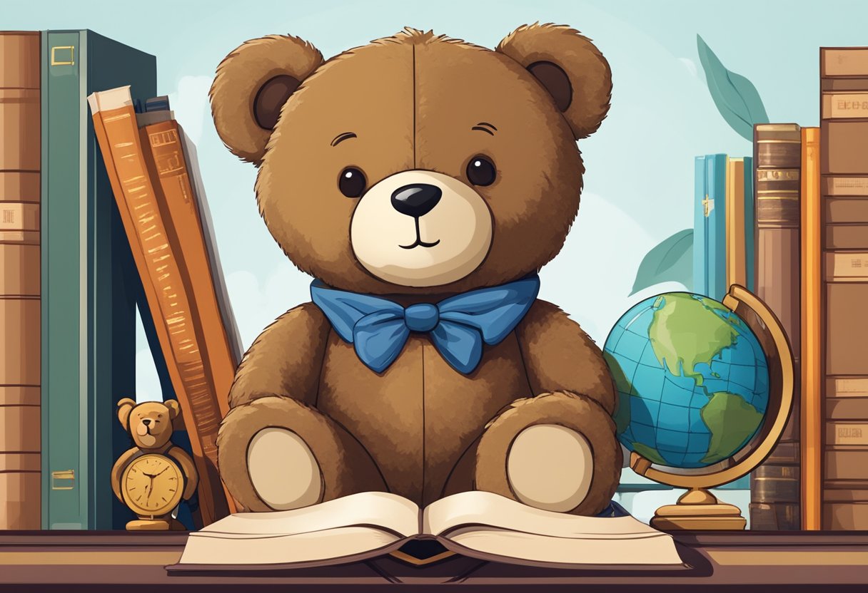 A teddy bear sits on a bookshelf, surrounded by books on history, culture, and language. A globe and various cultural artifacts are scattered around, emphasizing the bear's educational significance