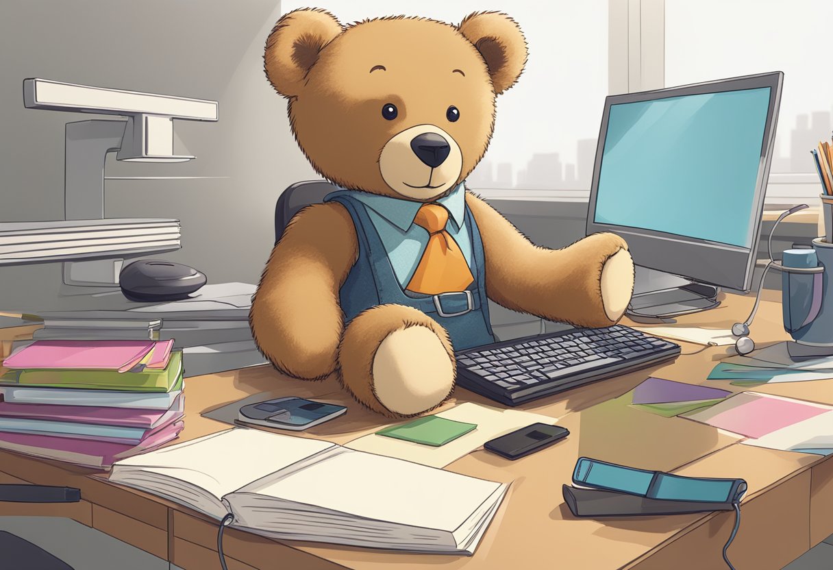 A teddy bear sits on a modern desk with a computer and a phone nearby. The bear's tag reads "Teddy," hinting at its shortened name
