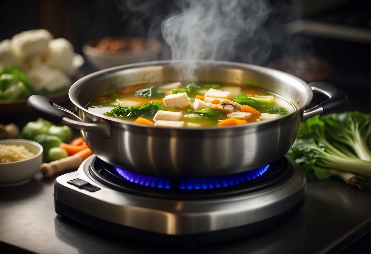 A steaming pot of Chinese vegetable soup simmers on a stovetop, filled with colorful, fresh ingredients like bok choy, mushrooms, and tofu, emitting a savory aroma
