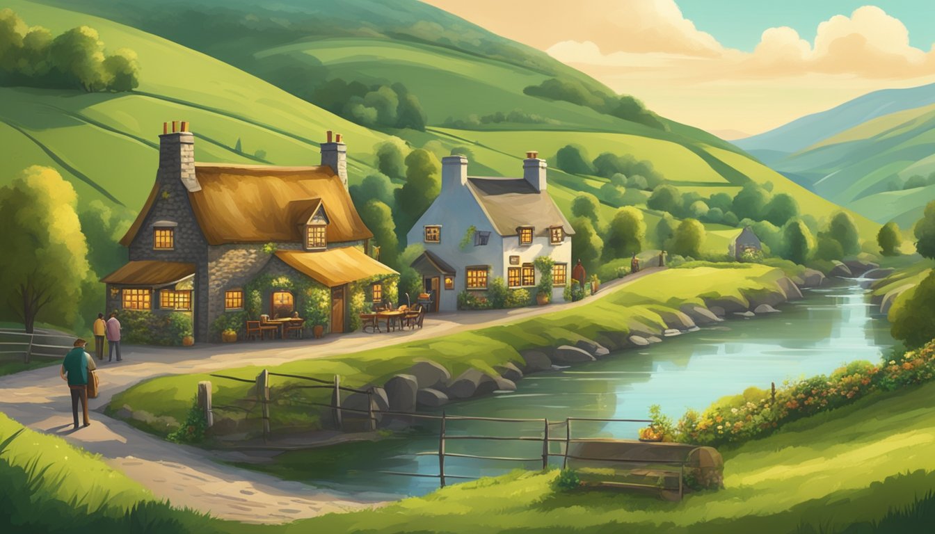 Lush green countryside with quaint Irish pubs, surrounded by rolling hills and sparkling rivers. A cozy atmosphere with locals enjoying pints of craft beer