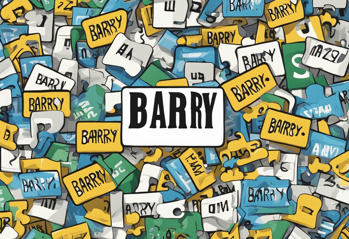 A name tag with "Barry" in bold letters, surrounded by question marks and a puzzled expression