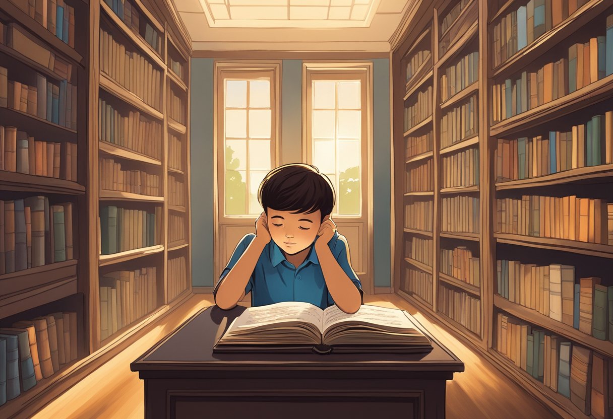 A young boy sits in a library surrounded by books, pondering the origins of the name Barry. A dictionary is open on the table, and a beam of sunlight illuminates the page