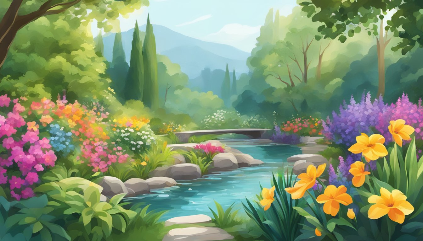 A lush garden with vibrant flowers and plants, surrounded by a clear stream and gentle sunlight