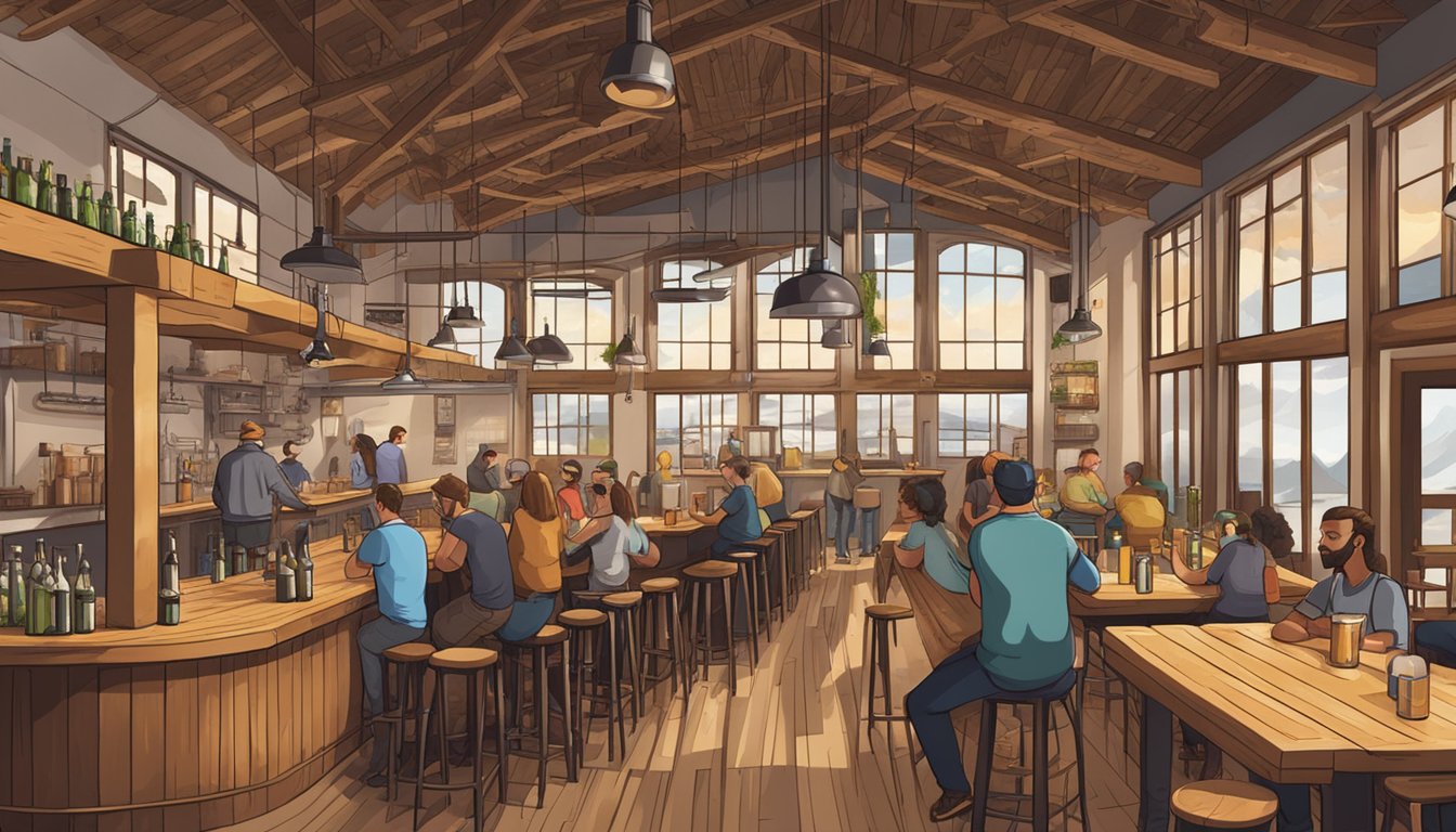 A bustling brewery with rustic wooden decor and stainless steel brewing equipment. Patrons sample flights of craft beer and chat at long communal tables