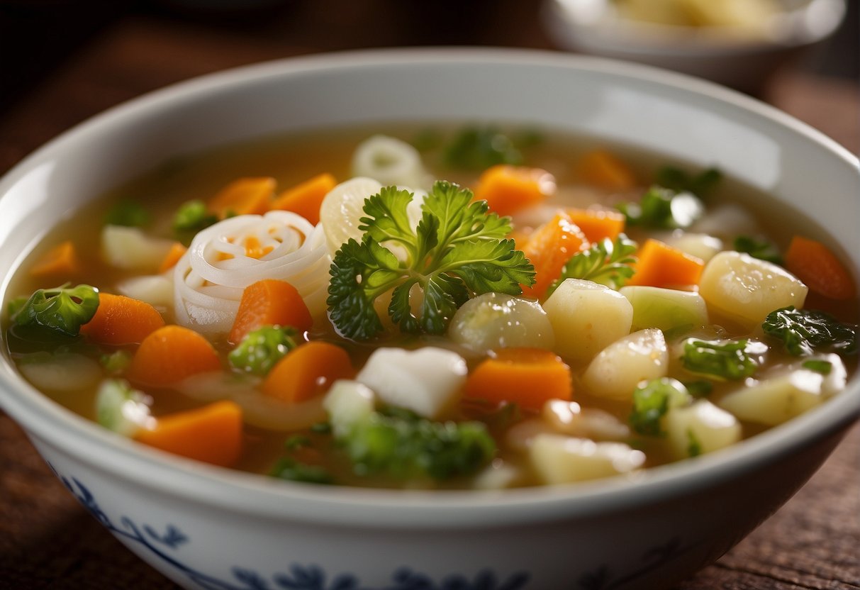 A steaming bowl of Chinese vegetable soup with flavor enhancers on the side