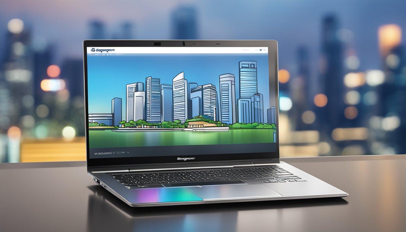 A sleek laptop with the words "Singapore Laptop Brand" engraved on the metallic surface, sitting on a clean, modern desk with a city skyline in the background