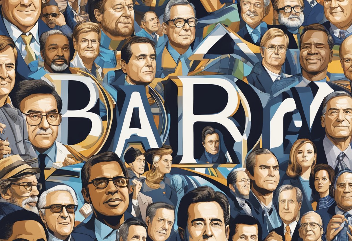 A spotlight shines on the name "Barry" in bold letters, surrounded by images of famous individuals
