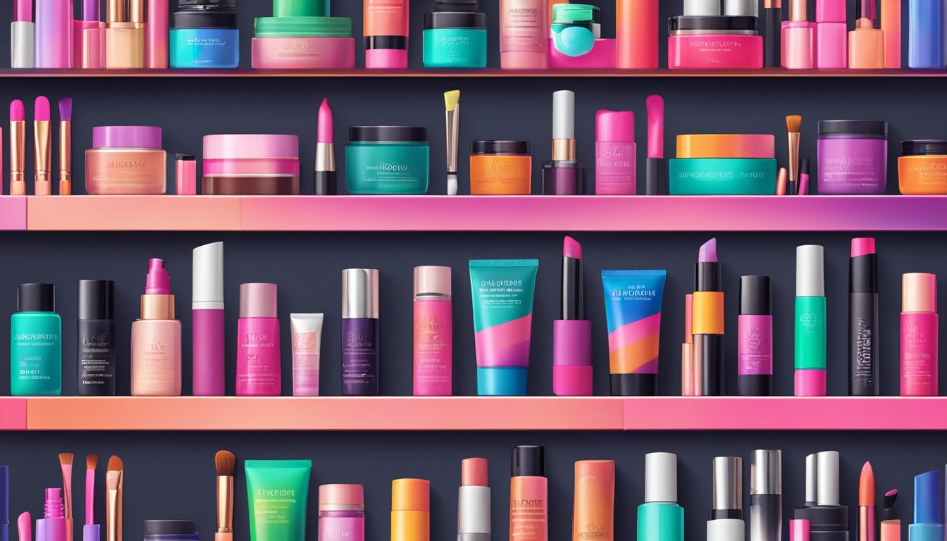 Various makeup brands displayed on shelves with vibrant packaging and bold typography. Brushes, palettes, and tubes arranged neatly, creating an inviting and colorful scene