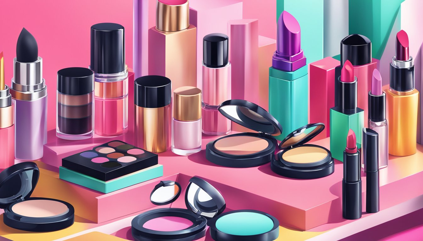 A colorful array of iconic makeup brands displayed on a sleek, modern counter. Brightly lit with a clean, minimalist backdrop