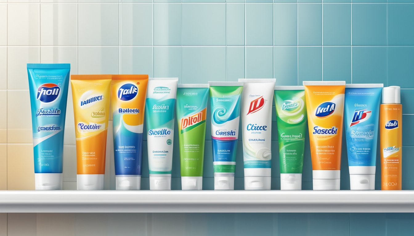 Various toothpaste brands displayed on a shelf in a brightly lit bathroom. Tubes of different sizes and colors with distinct logos and labels