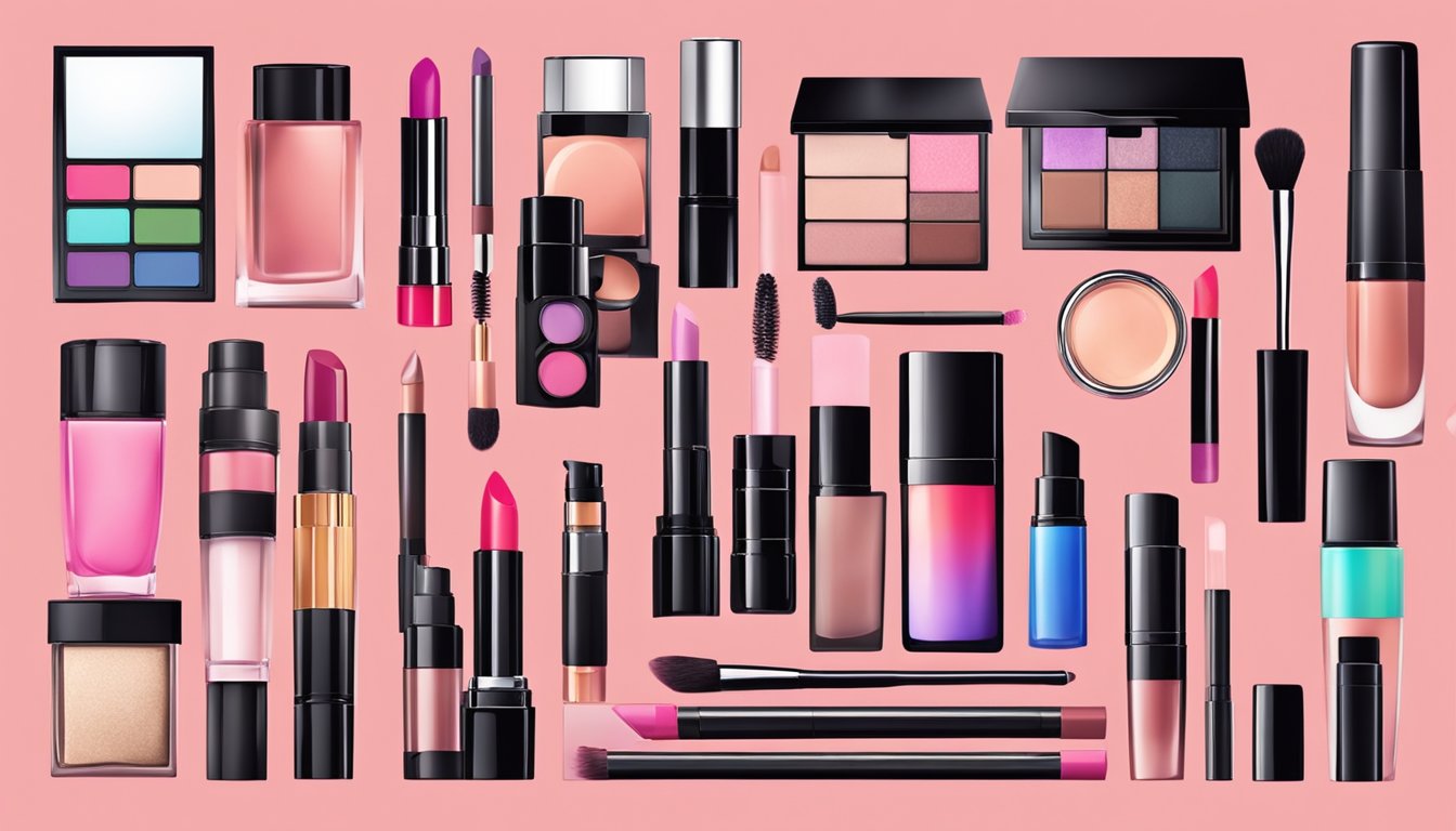 A table displays various makeup products from different brands. Lipsticks, eyeshadows, and foundations are neatly arranged for a vibrant and eye-catching scene