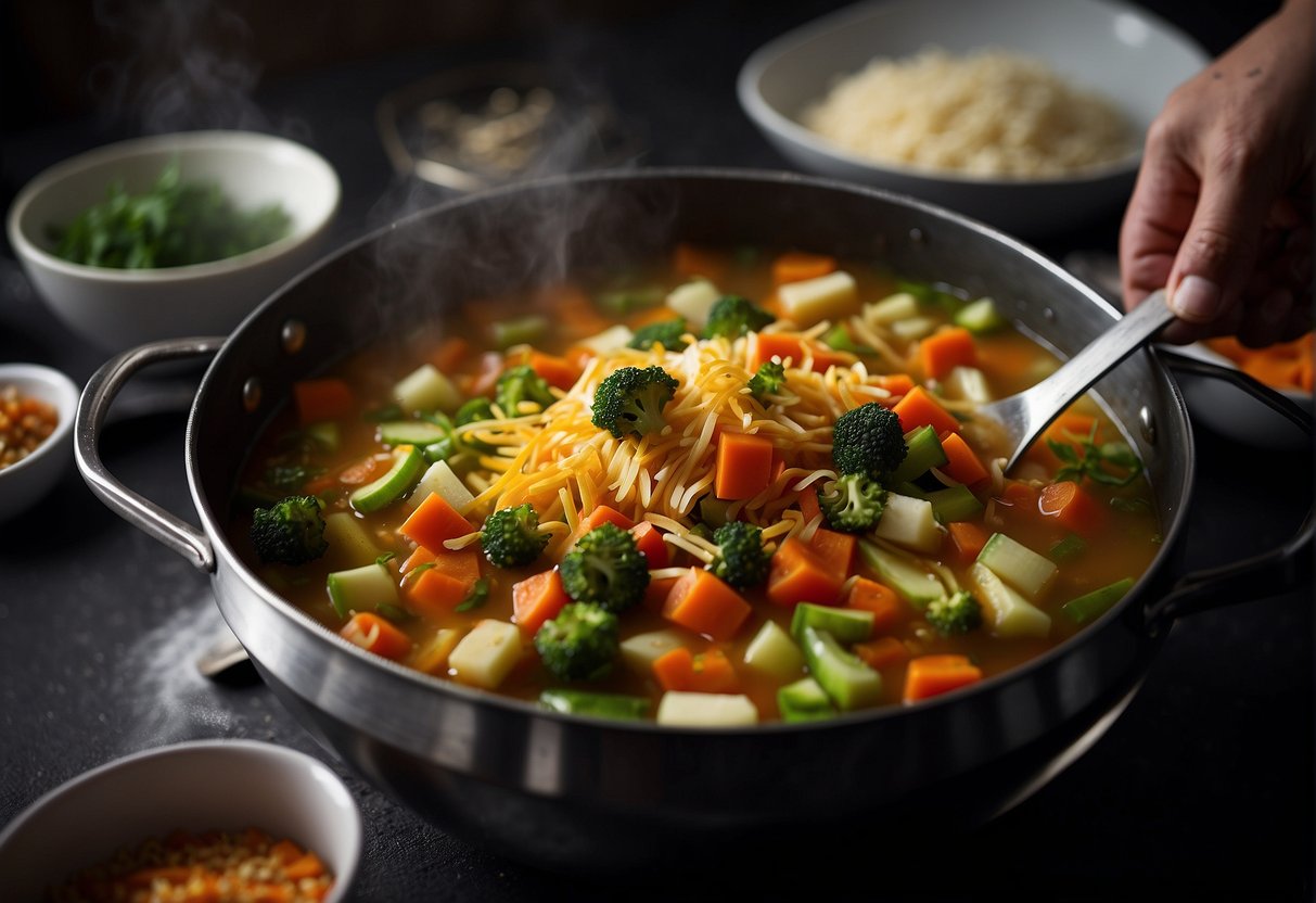 Vegetables being chopped, simmering in a pot, spices being added, and the soup being stirred