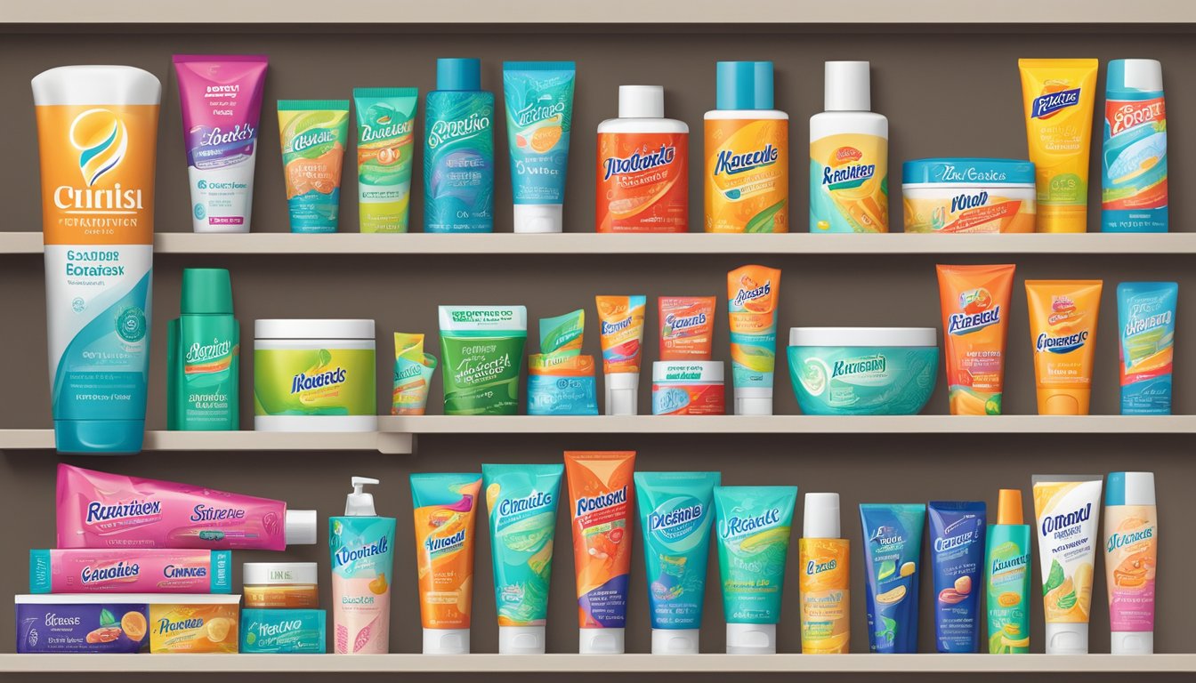 Various toothpaste brands arranged on a shelf, each with unique packaging and labels. Bright colors and bold typography catch the eye