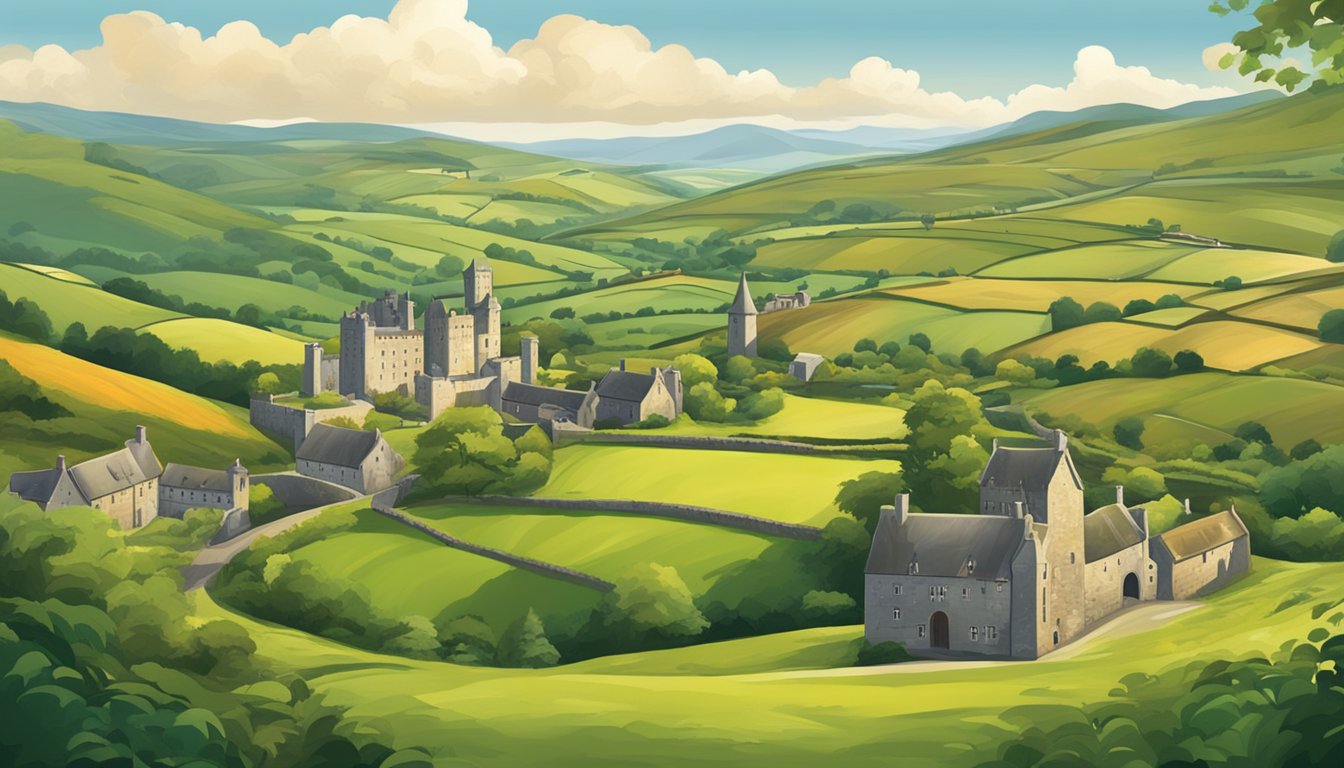 A scenic landscape featuring iconic Irish breweries with rolling green hills, ancient castles, and charming village pubs