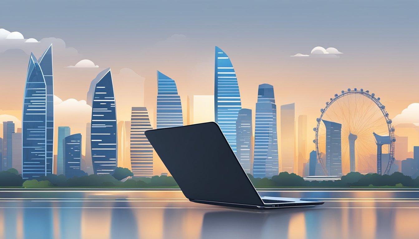 A sleek laptop with modern features and a minimalist design, set against the backdrop of Singapore's iconic skyline