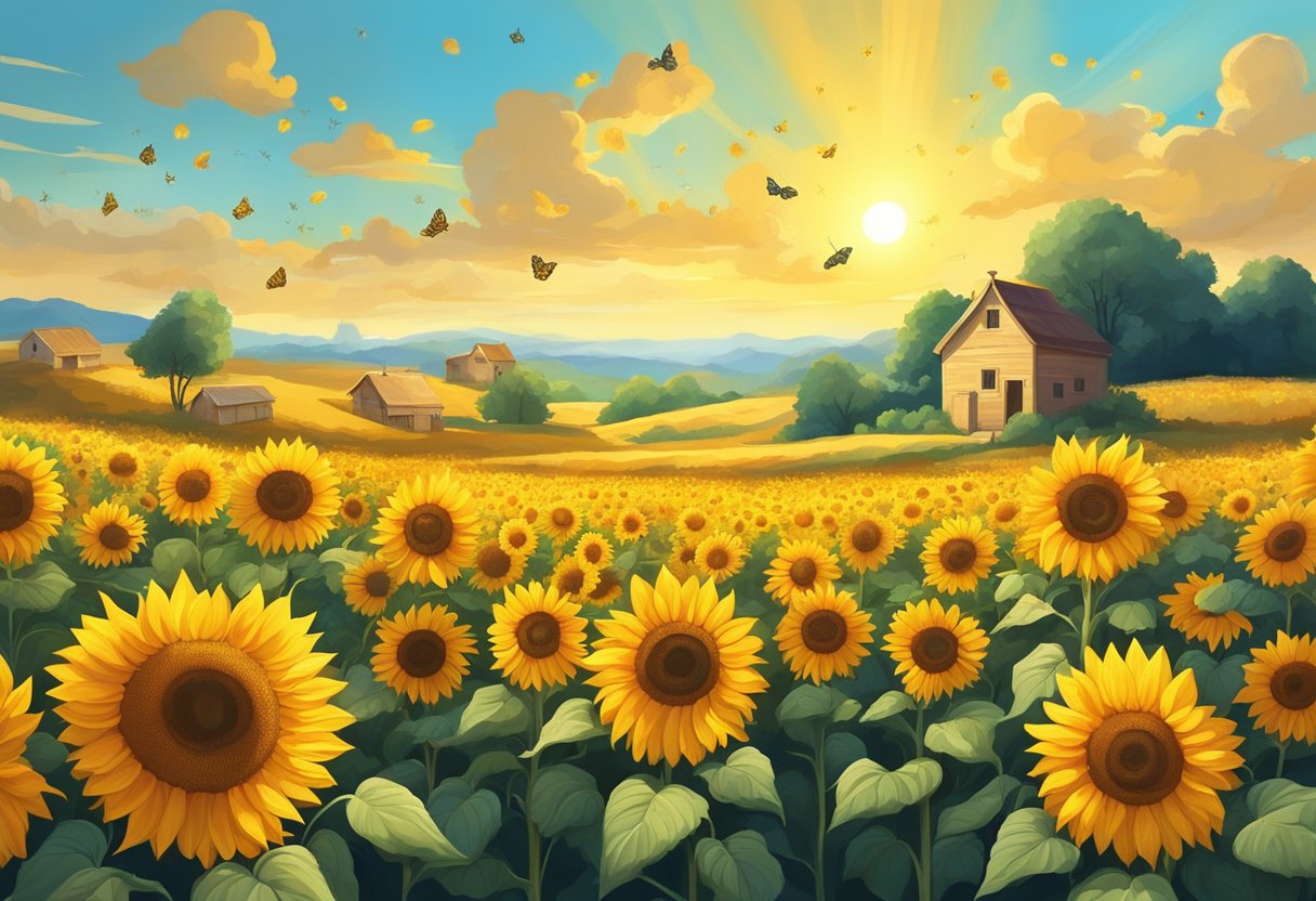 A field of sunflowers basking in the golden sunlight, surrounded by butterflies and bees collecting nectar from the vibrant yellow petals
