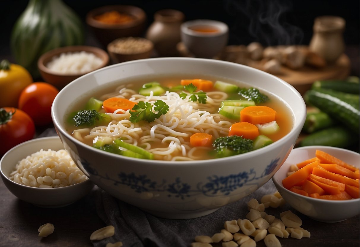 A steaming bowl of Chinese vegetable soup surrounded by ingredients and a list of frequently asked questions
