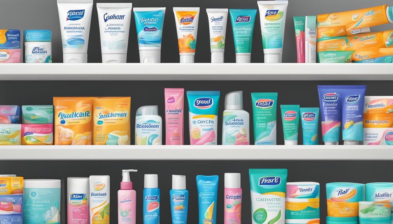 A variety of toothpaste brands arranged on a shelf, with labels highlighting their oral health benefits
