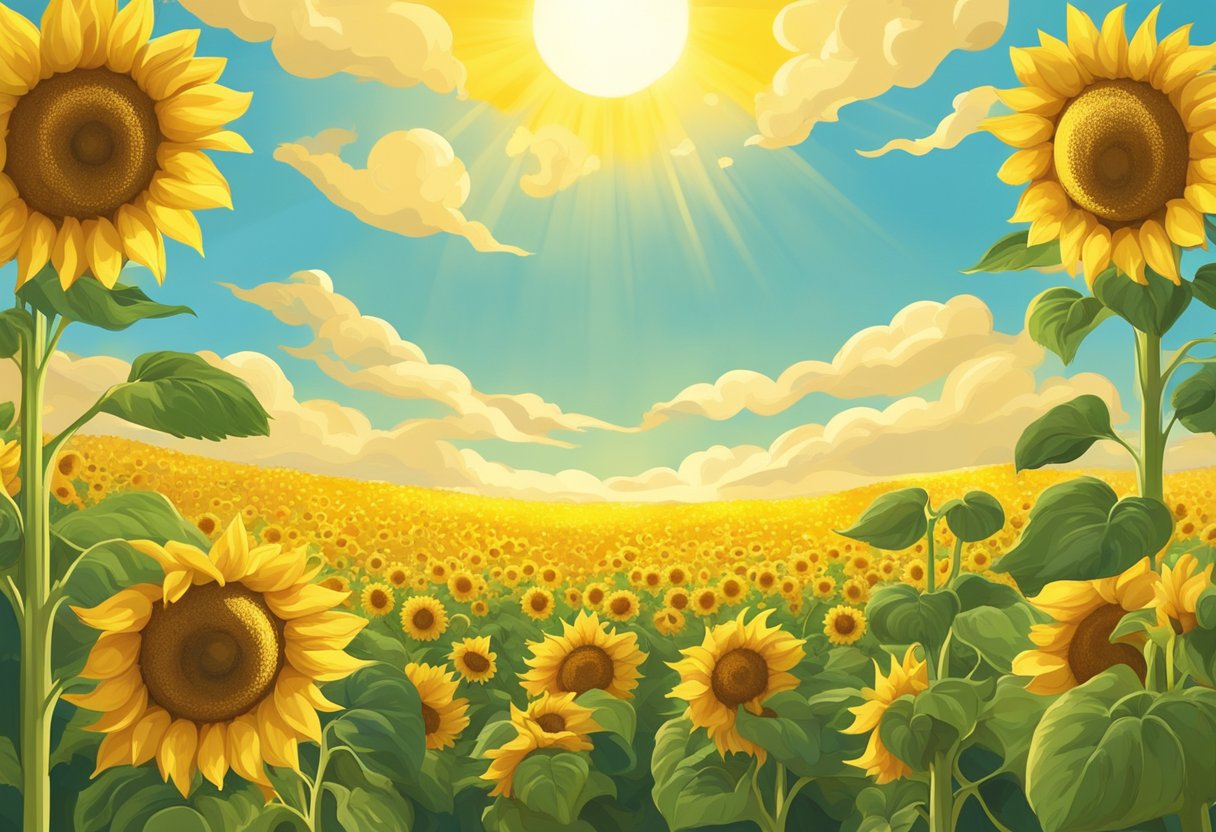 A field of sunflowers under a bright yellow sun, with a baby chick hatching from its egg