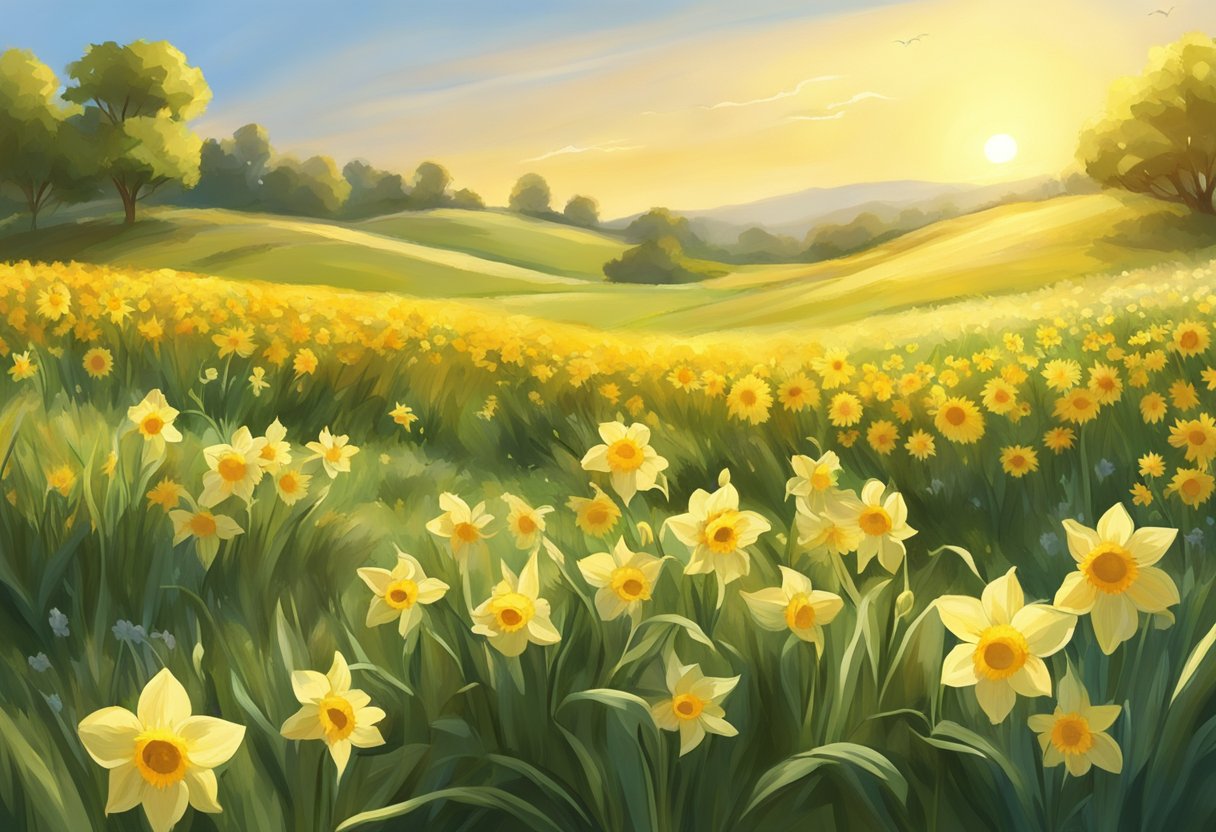 A serene meadow bathed in golden sunlight, with daffodils and sunflowers swaying in the breeze