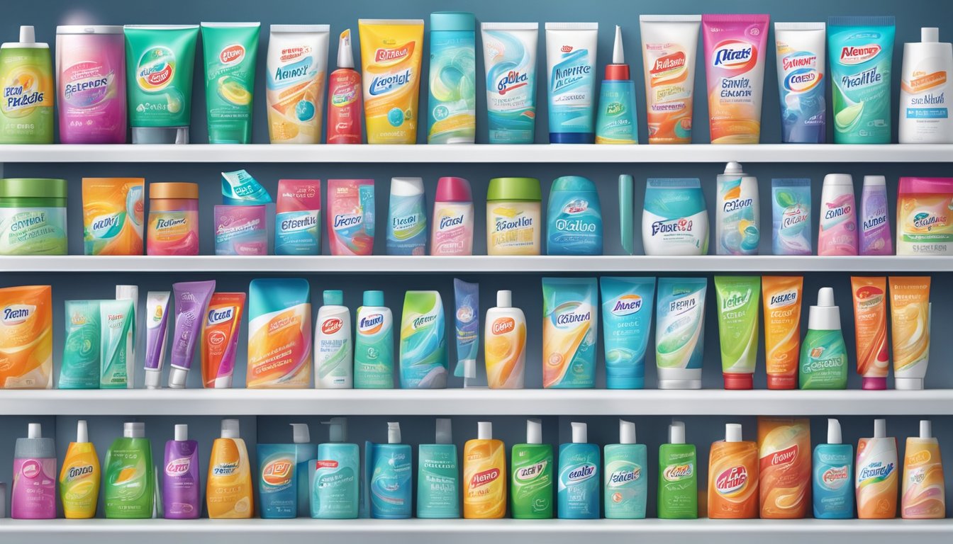 A colorful display of popular toothpaste brands on a well-lit shelf in a modern bathroom