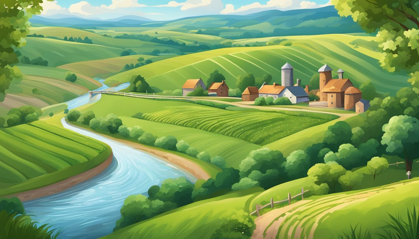 A picturesque countryside scene with rolling green hills, a quaint brewery nestled among the fields, and a clear, sparkling river flowing nearby