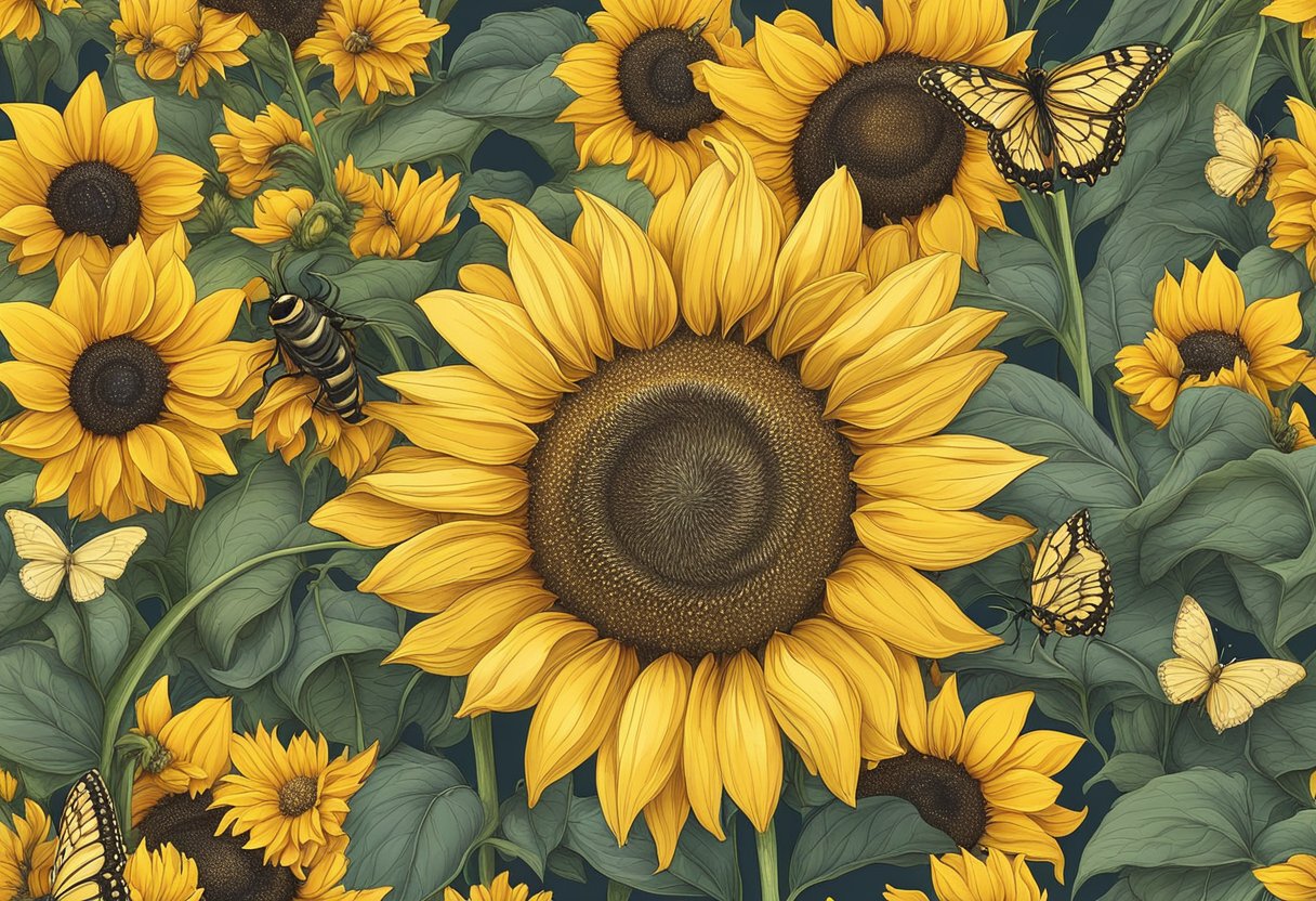 A vibrant yellow sunflower blooms in a field, surrounded by golden butterflies and bumblebees, symbolizing the cultural significance of the color yellow in baby names