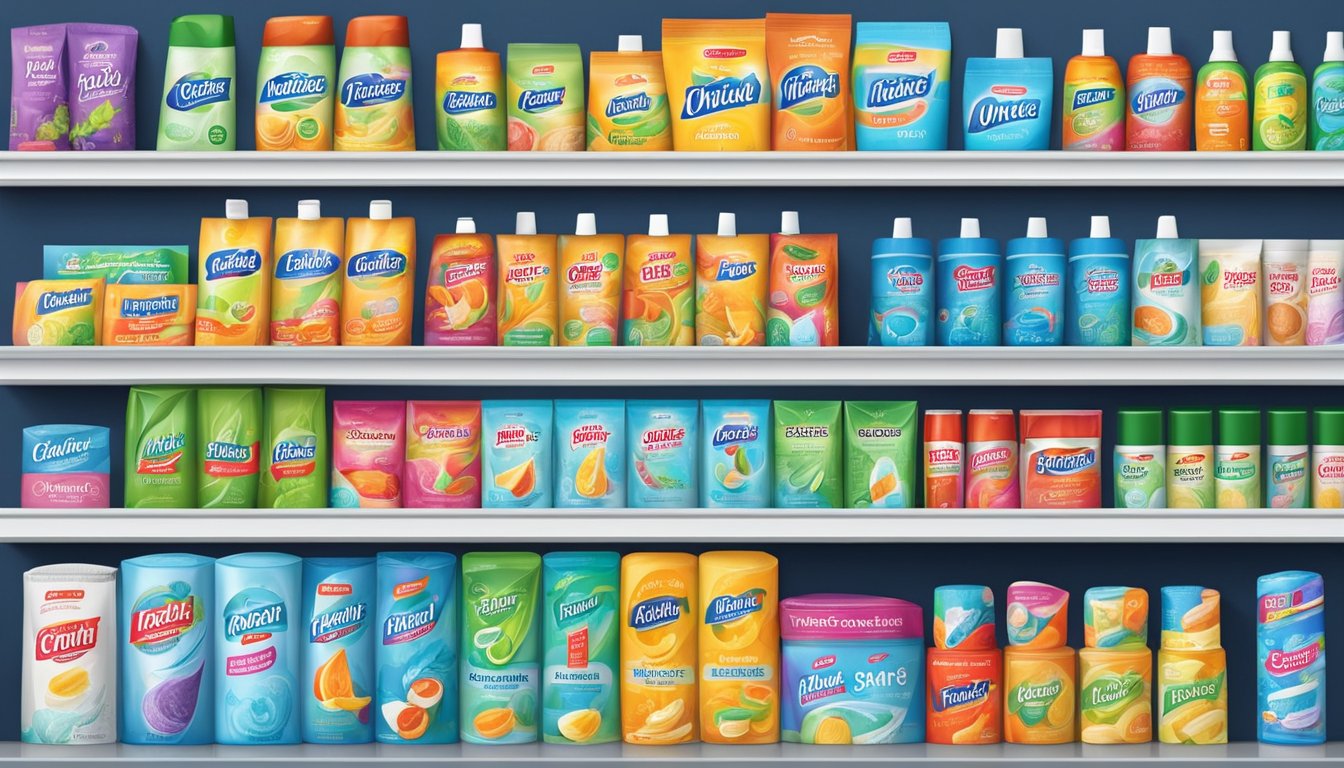 Various toothpaste brands displayed on a grocery store shelf. Bright, colorful packaging with different flavors and features