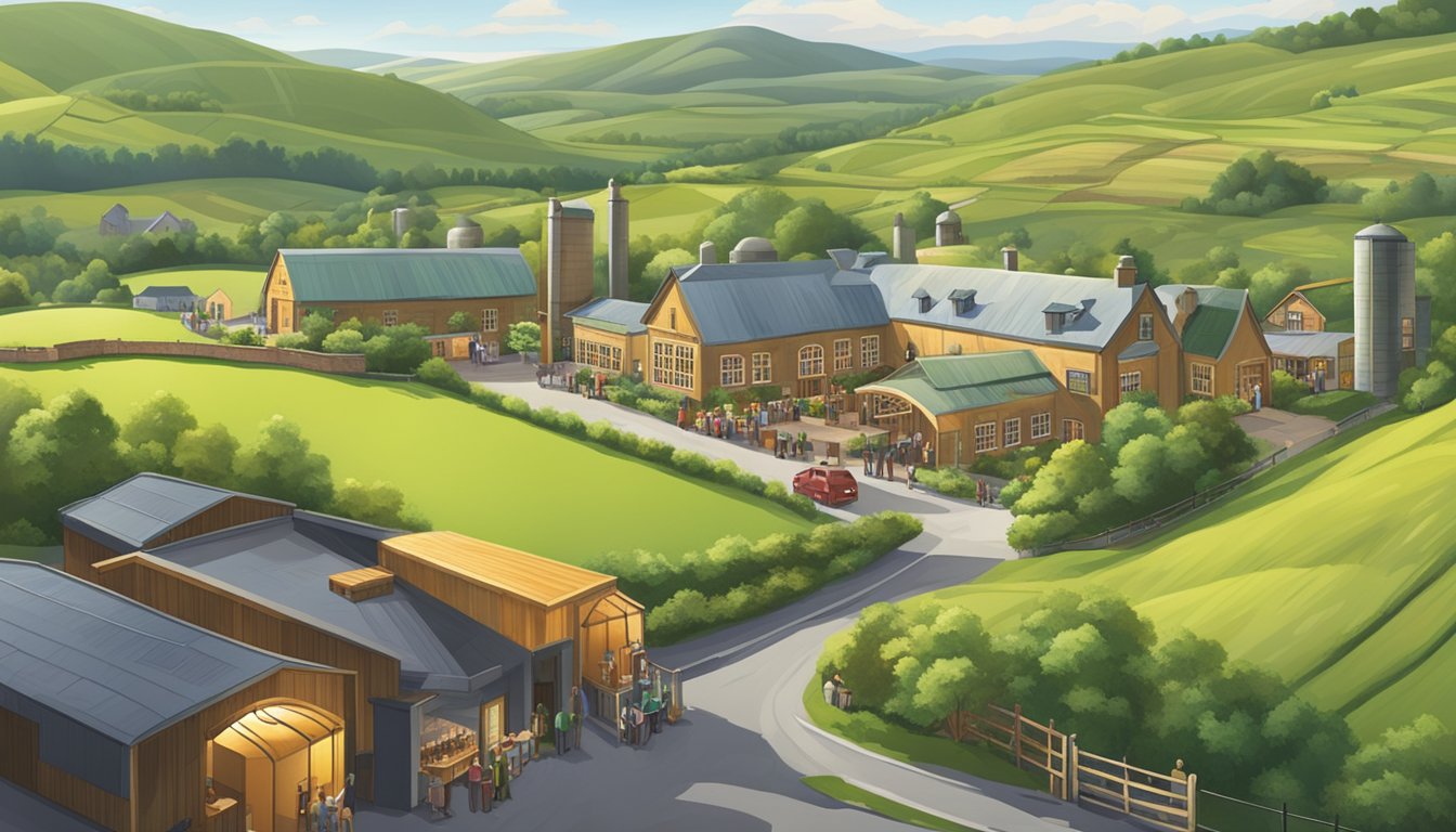 A panoramic view of vibrant Irish breweries, with rolling green hills in the background and cozy, inviting taprooms bustling with activity