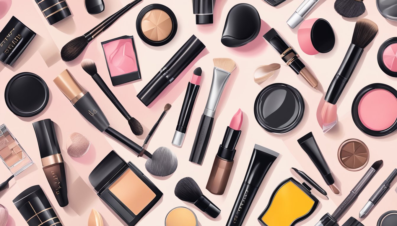 Various makeup products arranged in a stylish display, featuring trending makeup styles from popular makeup brands