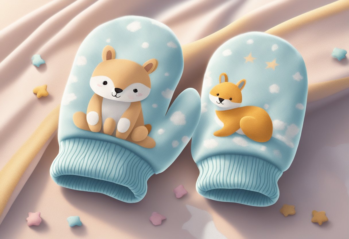 A pair of baby mittens lying on a soft, pastel-colored blanket. One mitten is patterned with cute animals, while the other is plain. Rays of sunlight filter through a nearby window, casting gentle shadows on the fabric