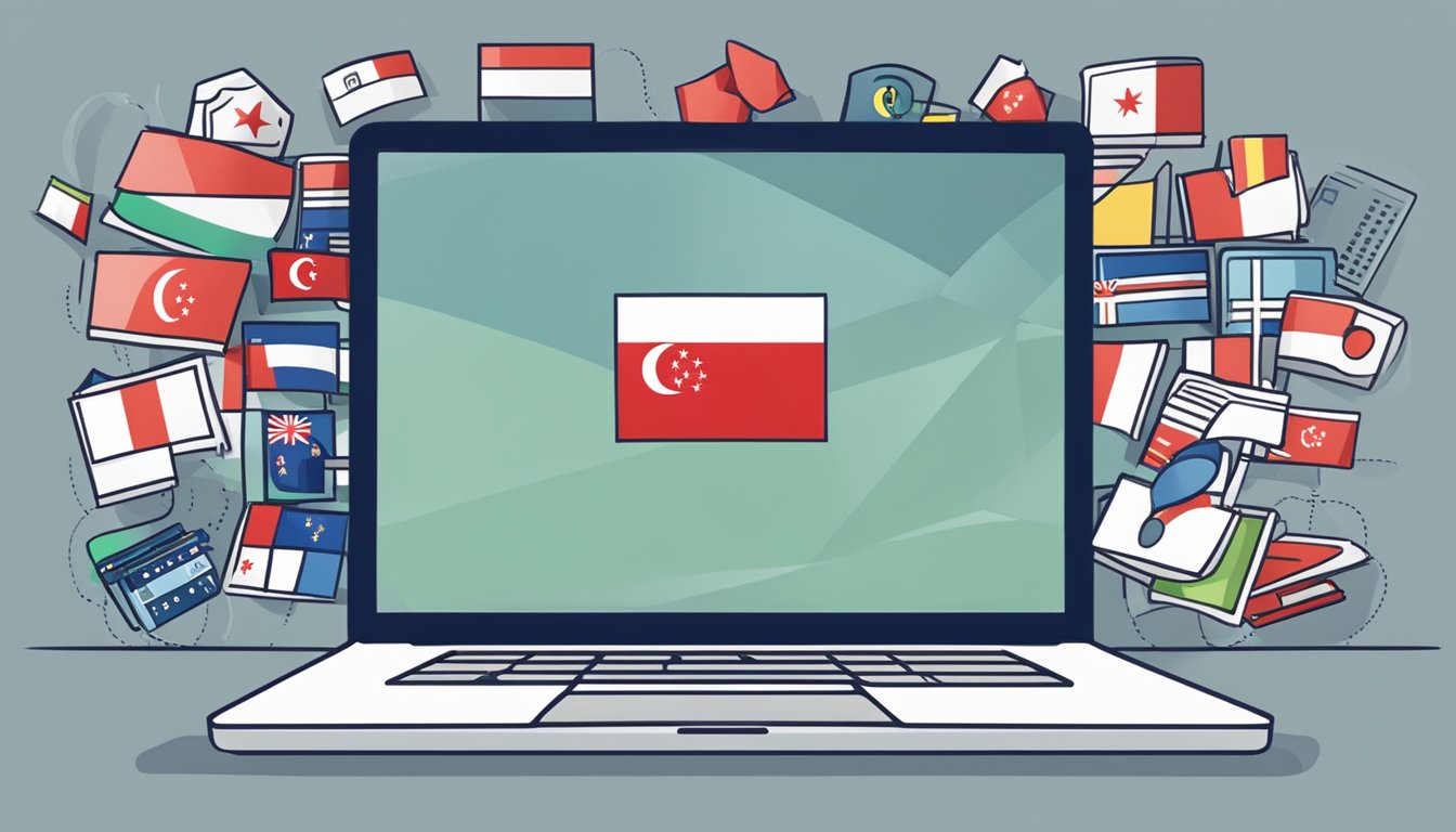A laptop with "Frequently Asked Questions" displayed on the screen, with the Singapore flag in the background