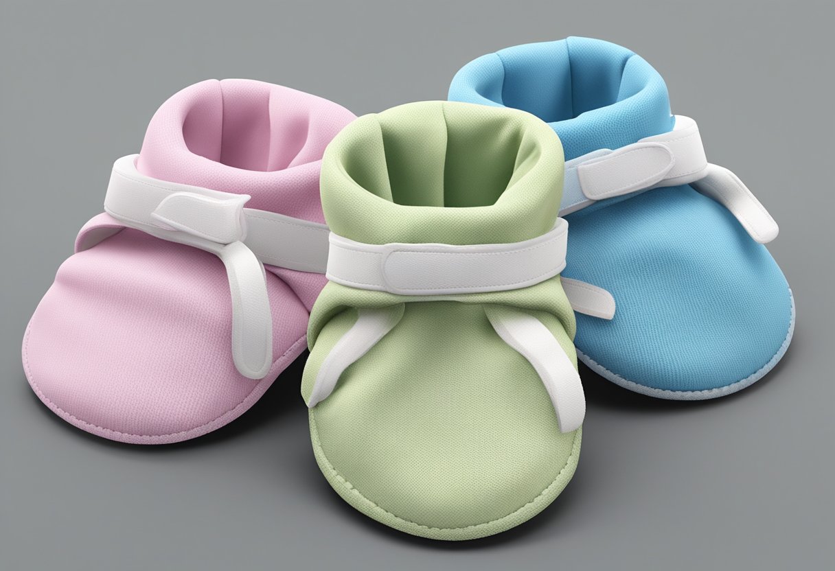 A pair of baby mittens made of soft fabric, with a safety strap to prevent them from getting lost. Pros include keeping baby's hands warm, cons include potential difficulty in gripping objects