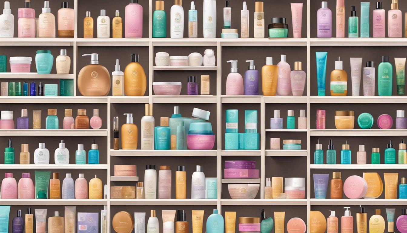 A display of various Singapore cosmetic brands with their logos and product samples arranged neatly on shelves