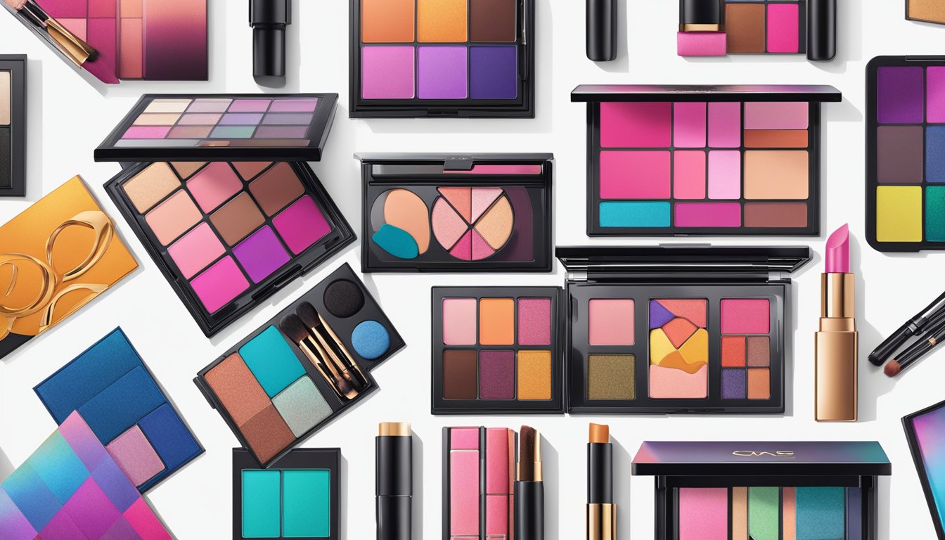 Vibrant makeup palettes, sleek packaging, and bold branding logos showcase the latest innovations in makeup brands