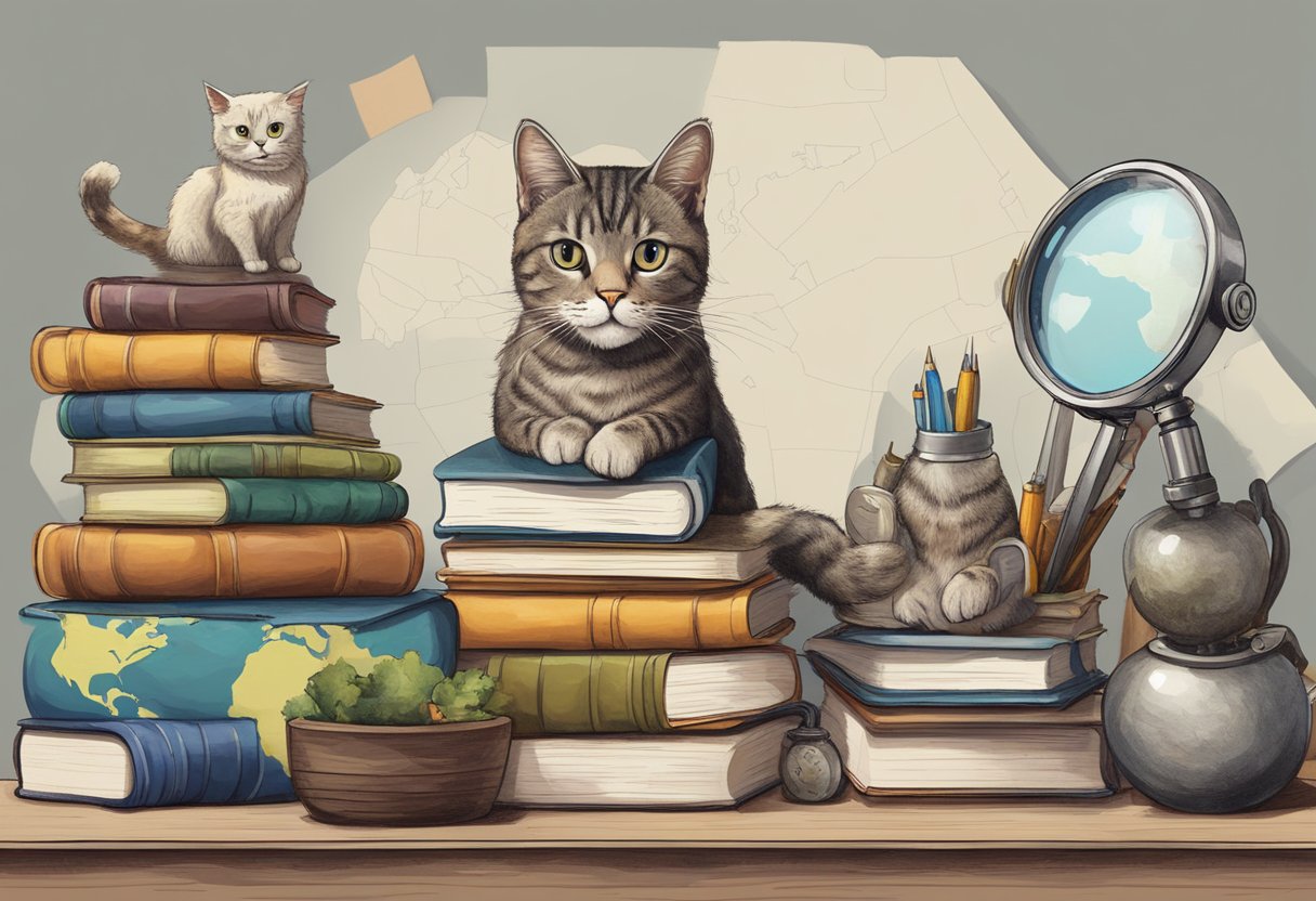 A cat named Bill sits on a stack of books, surrounded by curious objects like a magnifying glass and a map