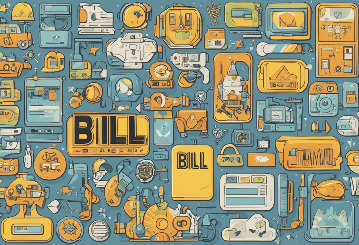 A name tag with "Bill" in bold letters surrounded by pop culture icons and symbols