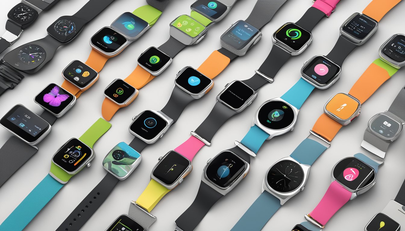 A display of various smart watch brands arranged on a sleek, modern table with their logos visible