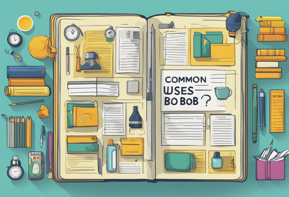 An open book with the title "Common Uses of Bob What Is Bob Short For?" displayed prominently on the cover, surrounded by various objects related to different uses of the name "Bob."