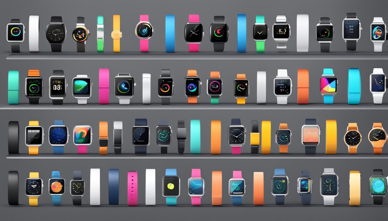 Various smartwatch brands displayed on a sleek, modern showcase. Each watch features a vibrant, high-resolution screen and a stylish, durable design