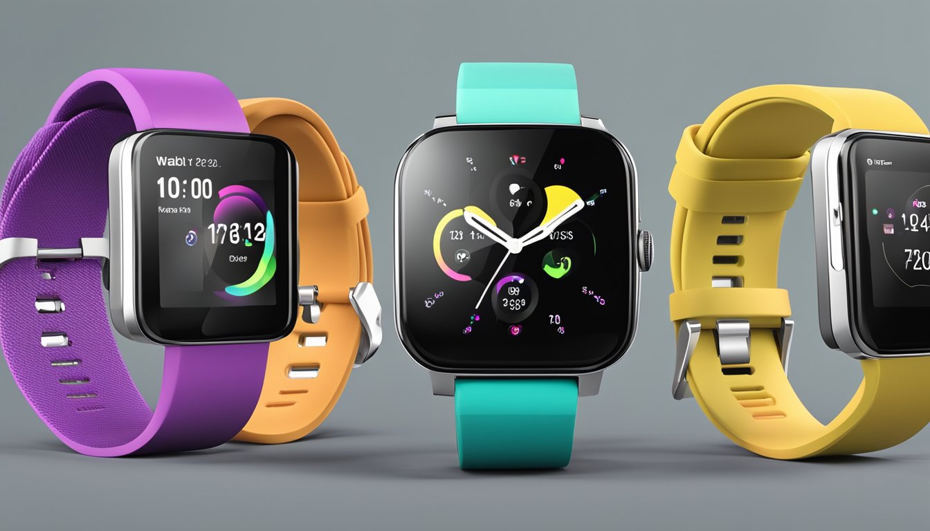 A smart watch with sleek design and advanced features, displaying notifications and fitness tracking data on a vibrant touchscreen
