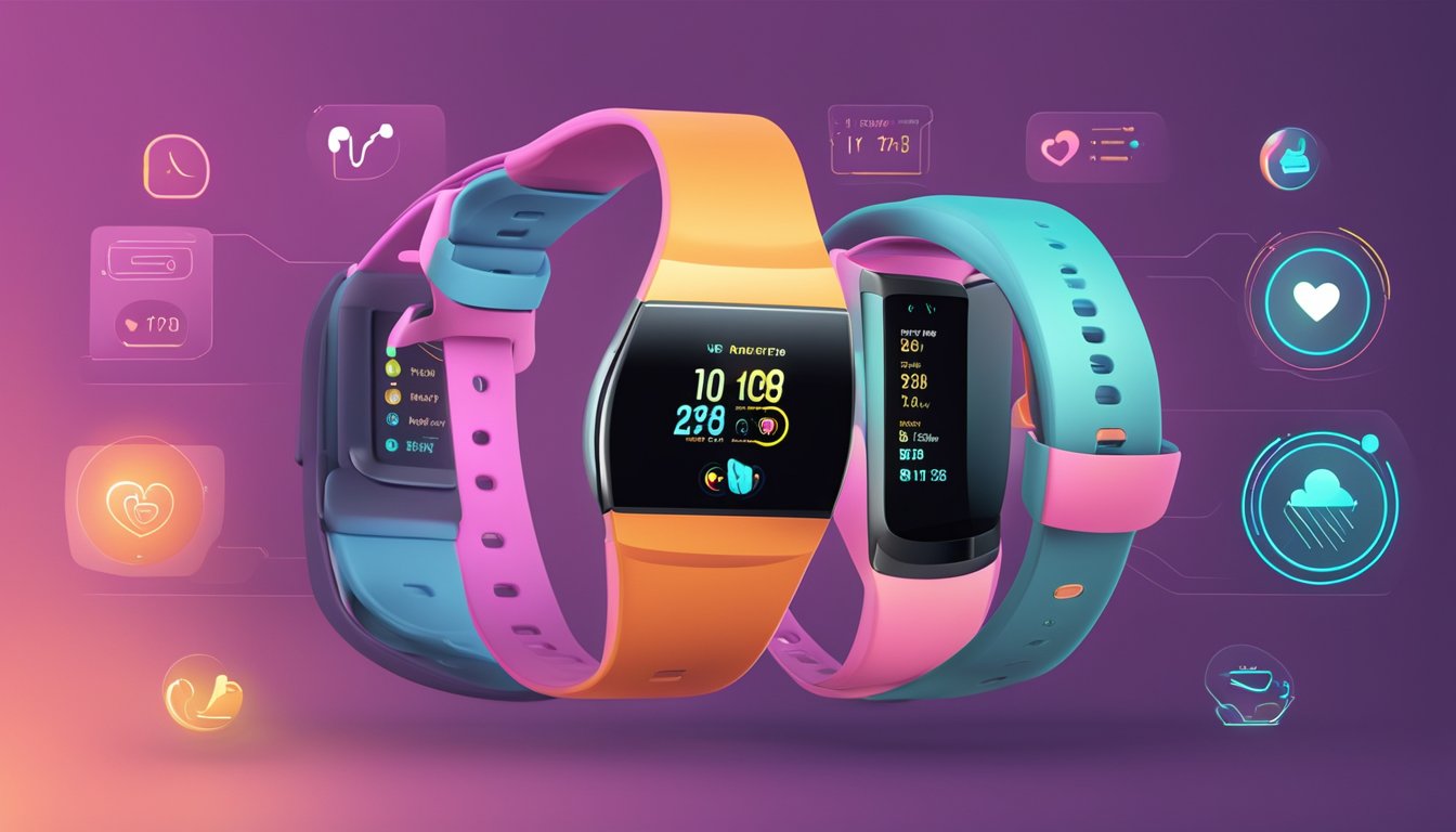 A smart watch displaying health and fitness tracking features with a sleek design and vibrant display