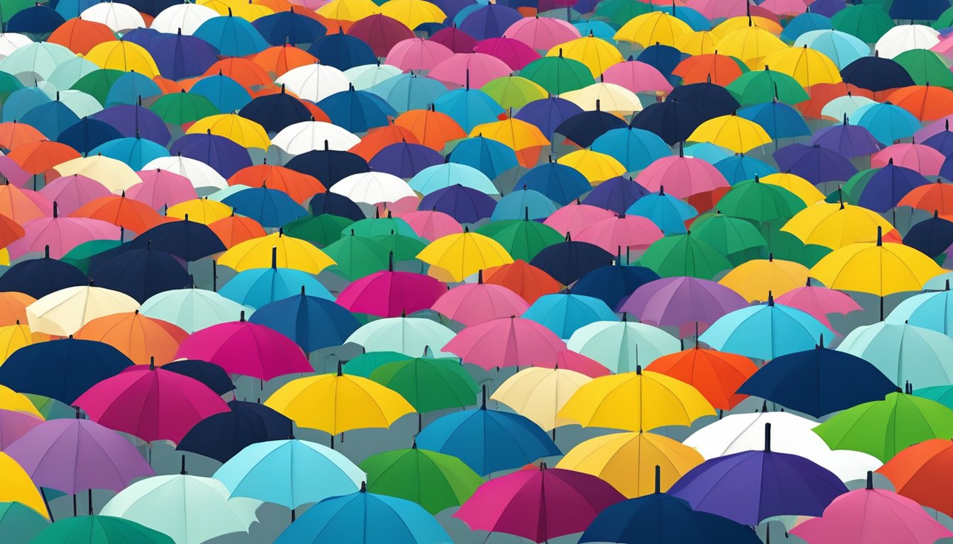 A colorful umbrella stands out in a sea of plain umbrellas, symbolizing the concept of umbrella branding