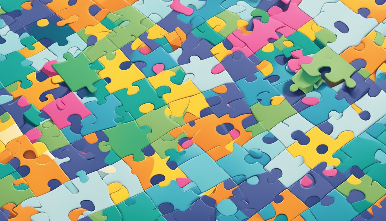 A group of diverse puzzle pieces fitting together, surrounded by various obstacles and opportunities